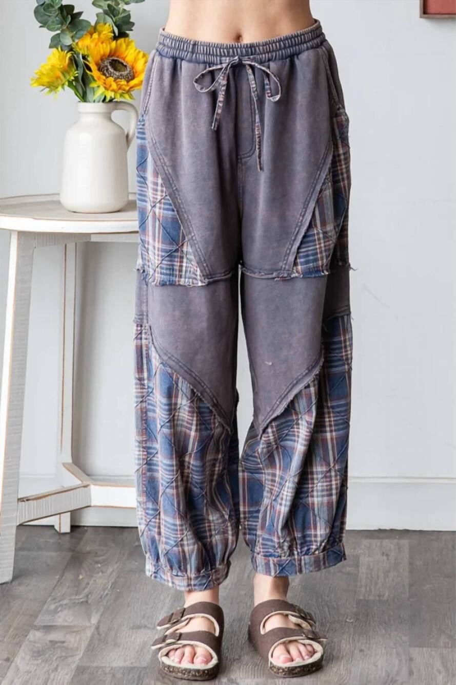 NEW OLI & HALI washed plaid mixed terry quilting detail pants in navy